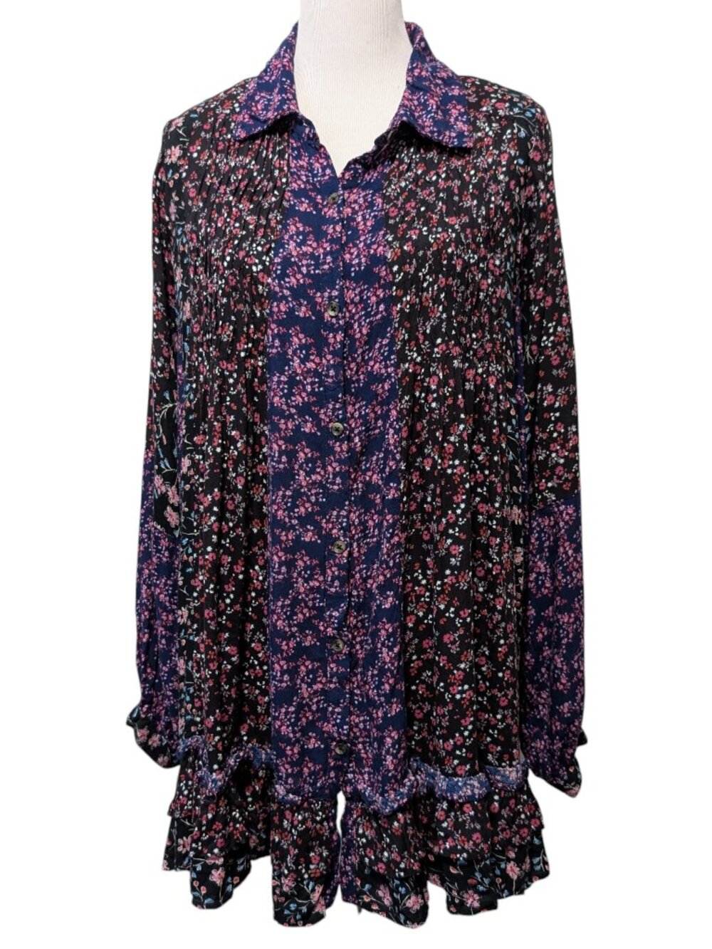 Free People Womens Size M Lost In You Dark Combo Floral Ruffle Tunic Mini Dress